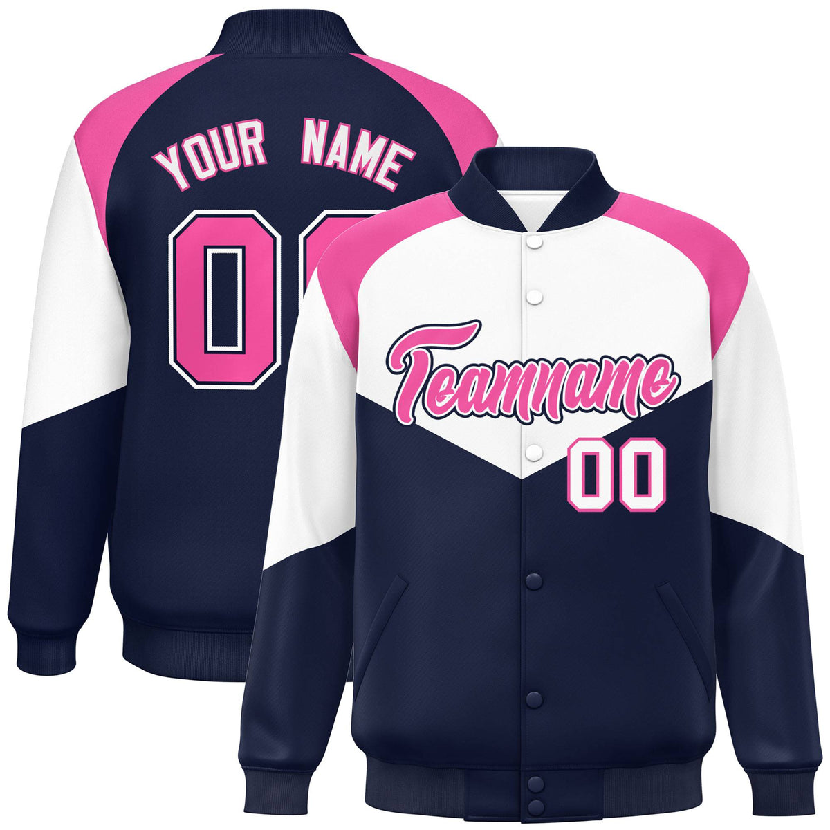 Custom White Navy-Pink Varsity Full-Snap Color Block Letterman Jacket