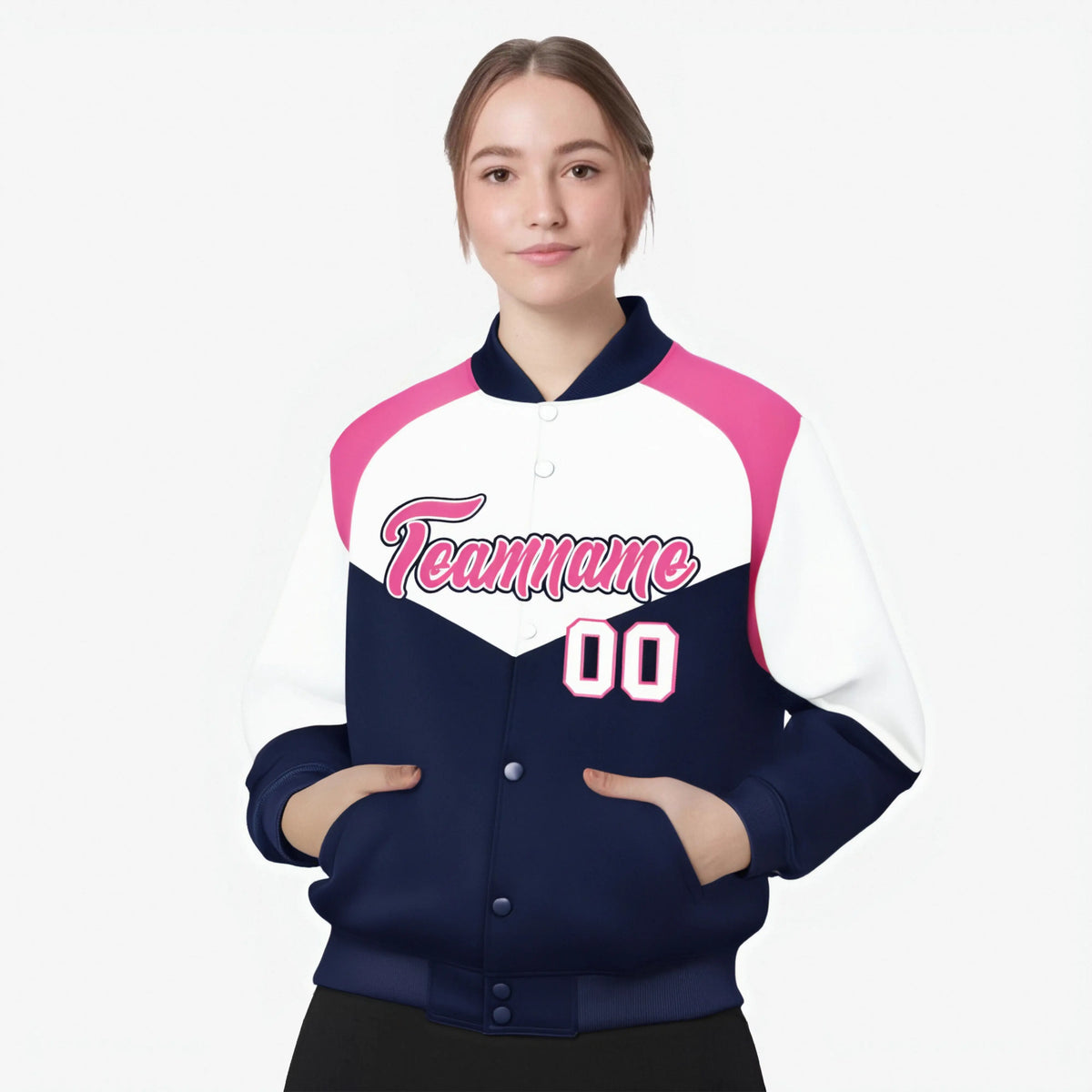 Custom White Navy-Pink Varsity Full-Snap Color Block Letterman Jacket