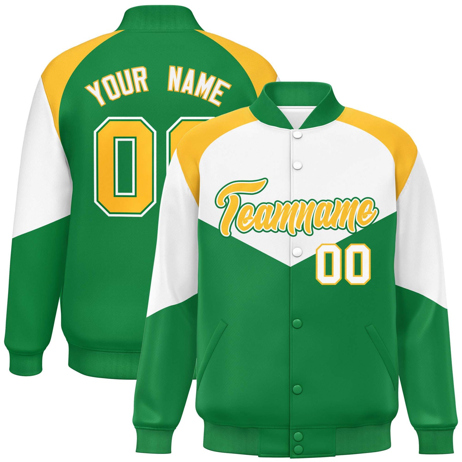 Custom White Kelly Green-Gold Varsity Full-Snap Color Block Letterman Jacket