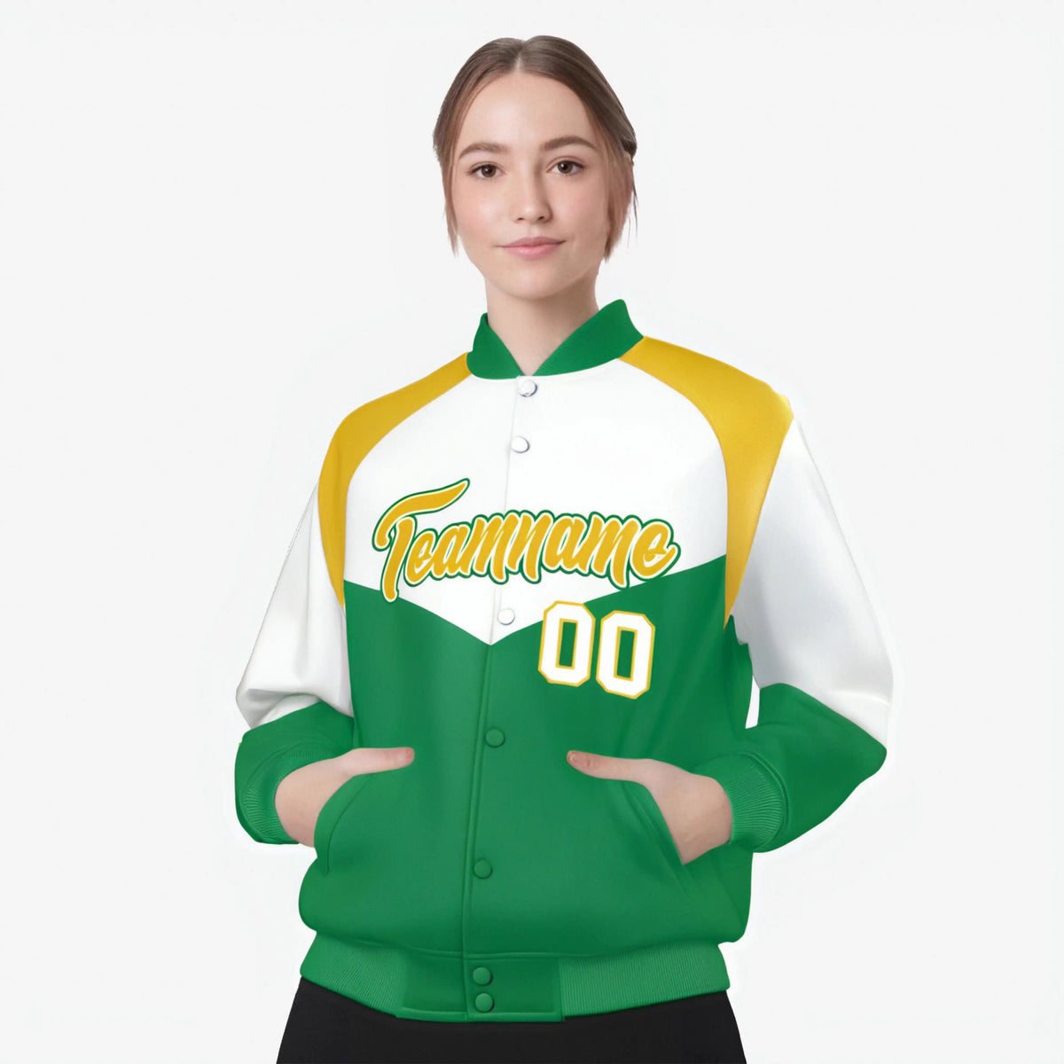 Custom White Kelly Green-Gold Varsity Full-Snap Color Block Letterman Jacket