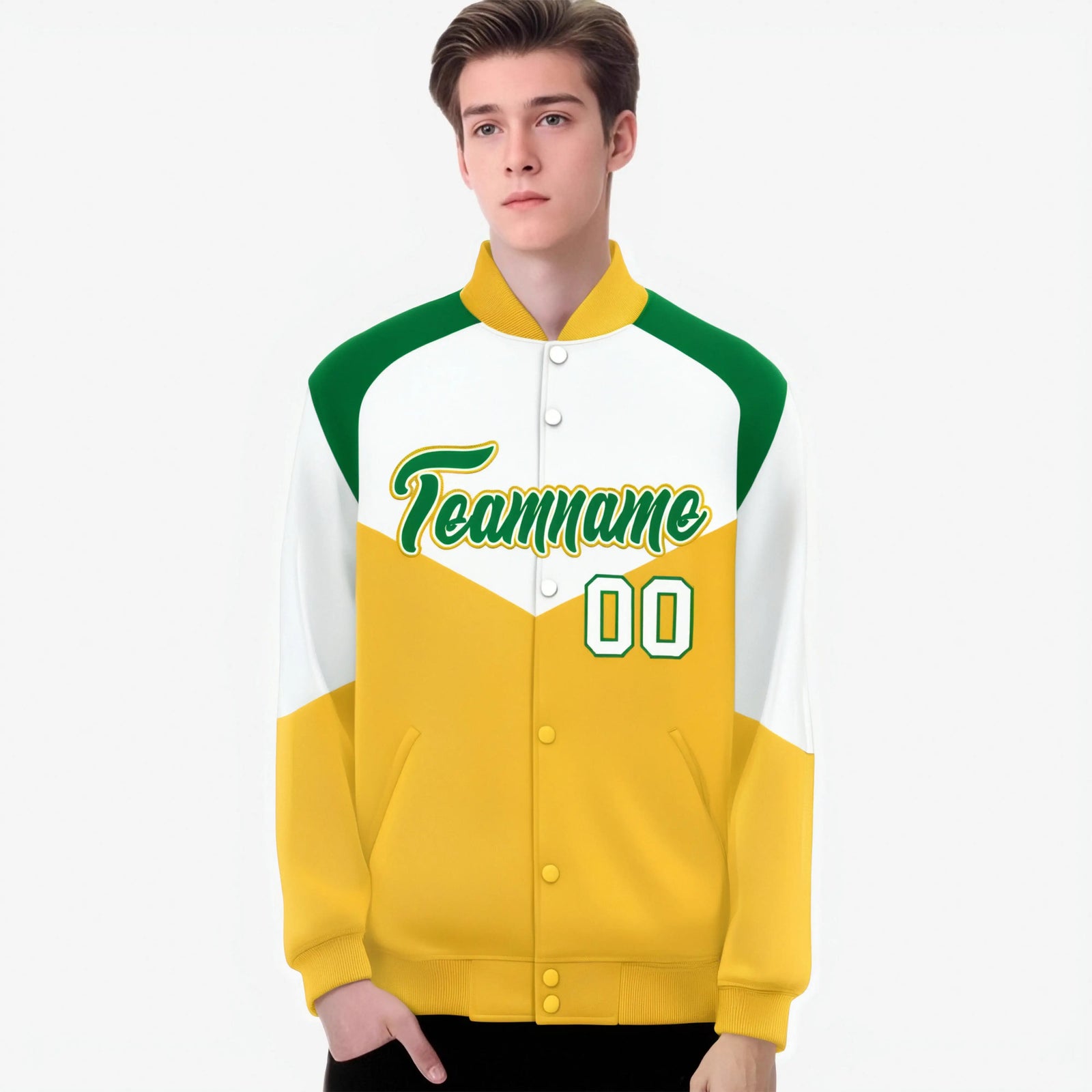 Custom White Gold-Kelly Green Varsity Full-Snap Color Block Letterman Jacket