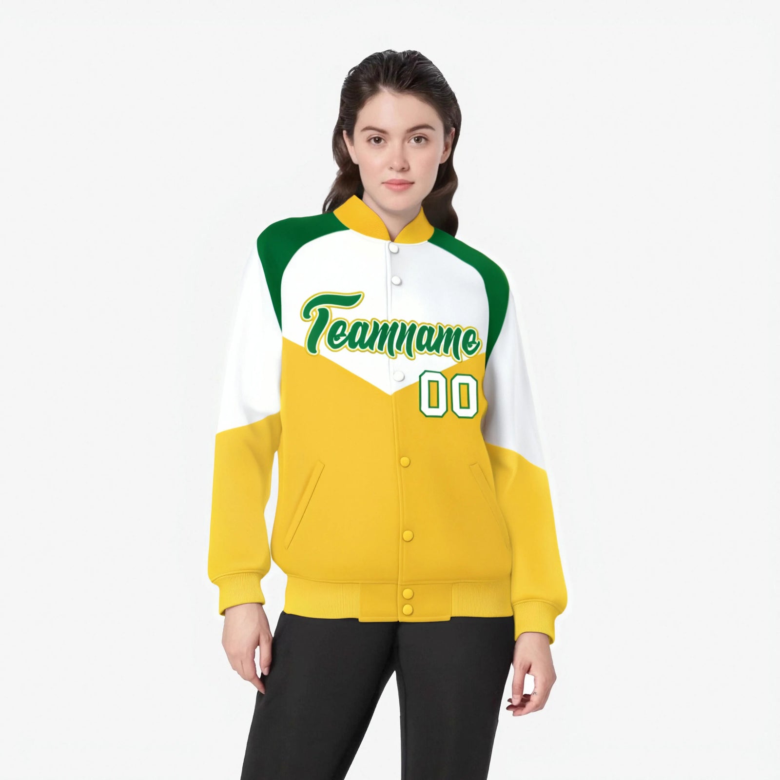 Custom White Gold-Kelly Green Varsity Full-Snap Color Block Letterman Jacket