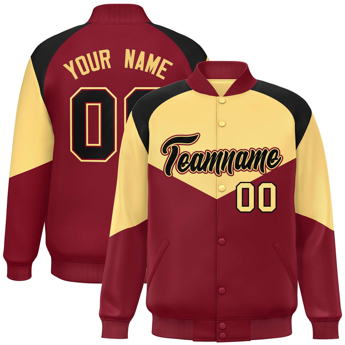 Custom Khaki Crimson-Black Varsity Full-Snap Color Block Letterman Jacket