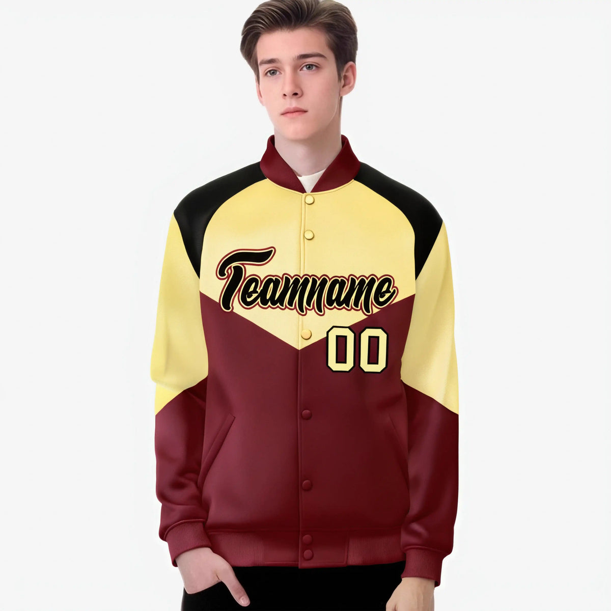 Custom Khaki Crimson-Black Varsity Full-Snap Color Block Letterman Jacket