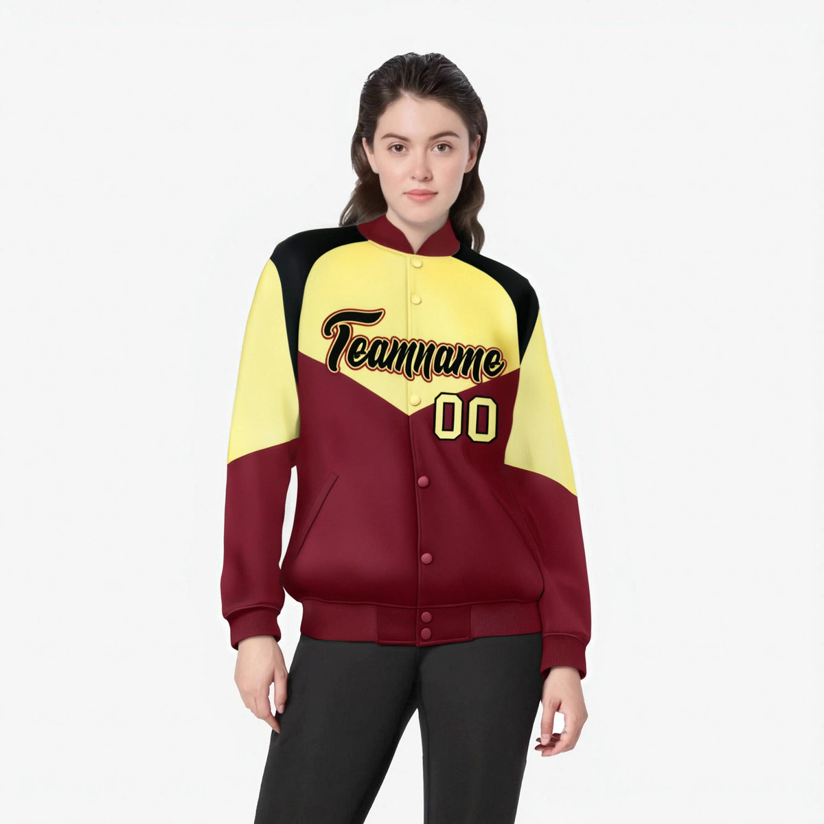 Custom Khaki Crimson-Black Varsity Full-Snap Color Block Letterman Jacket