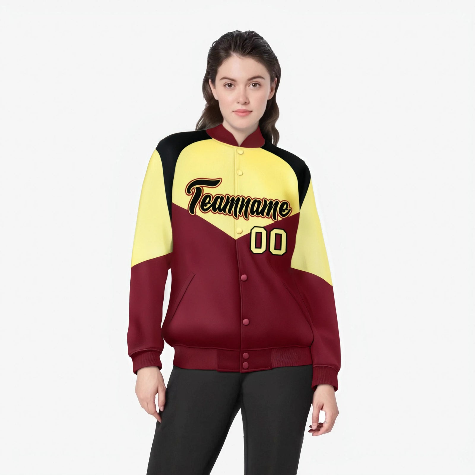 Custom Khaki Crimson-Black Varsity Full-Snap Color Block Letterman Jacket