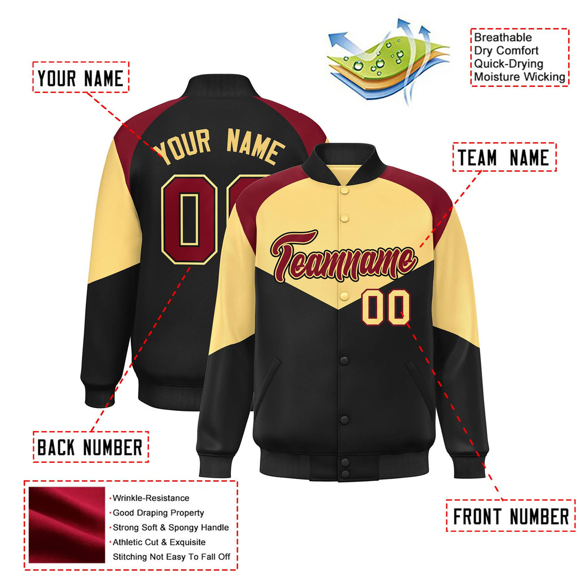 Custom Khaki Black-Crimson Green Varsity Full-Snap Color Block Letterman Jacket