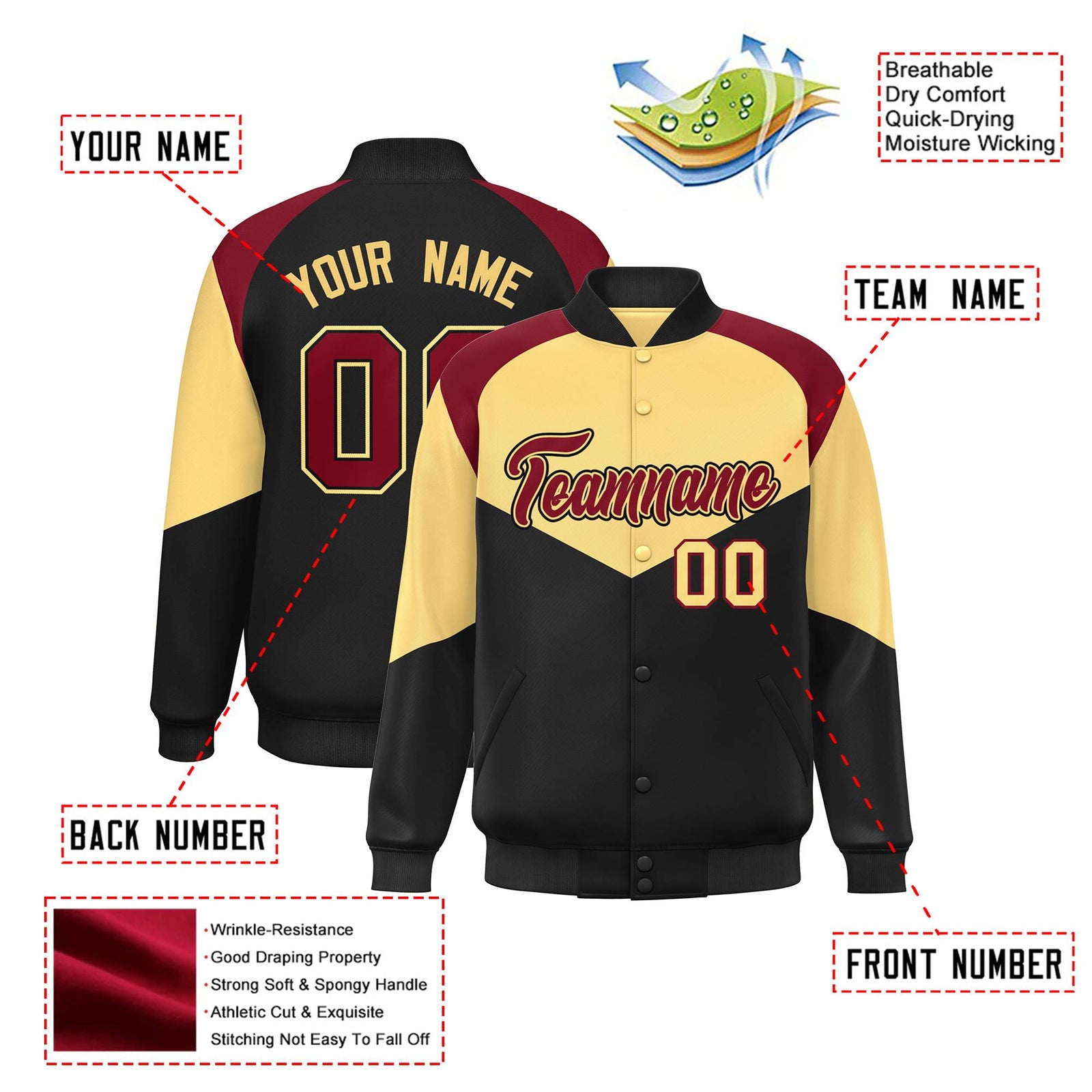 Custom Khaki Black-Crimson Green Varsity Full-Snap Color Block Letterman Jacket
