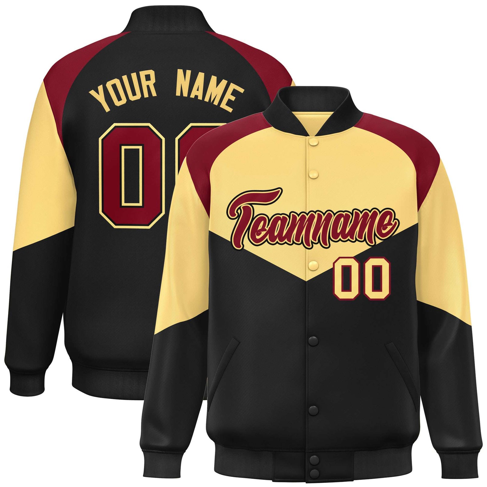 Custom Khaki Black-Crimson Green Varsity Full-Snap Color Block Letterman Jacket