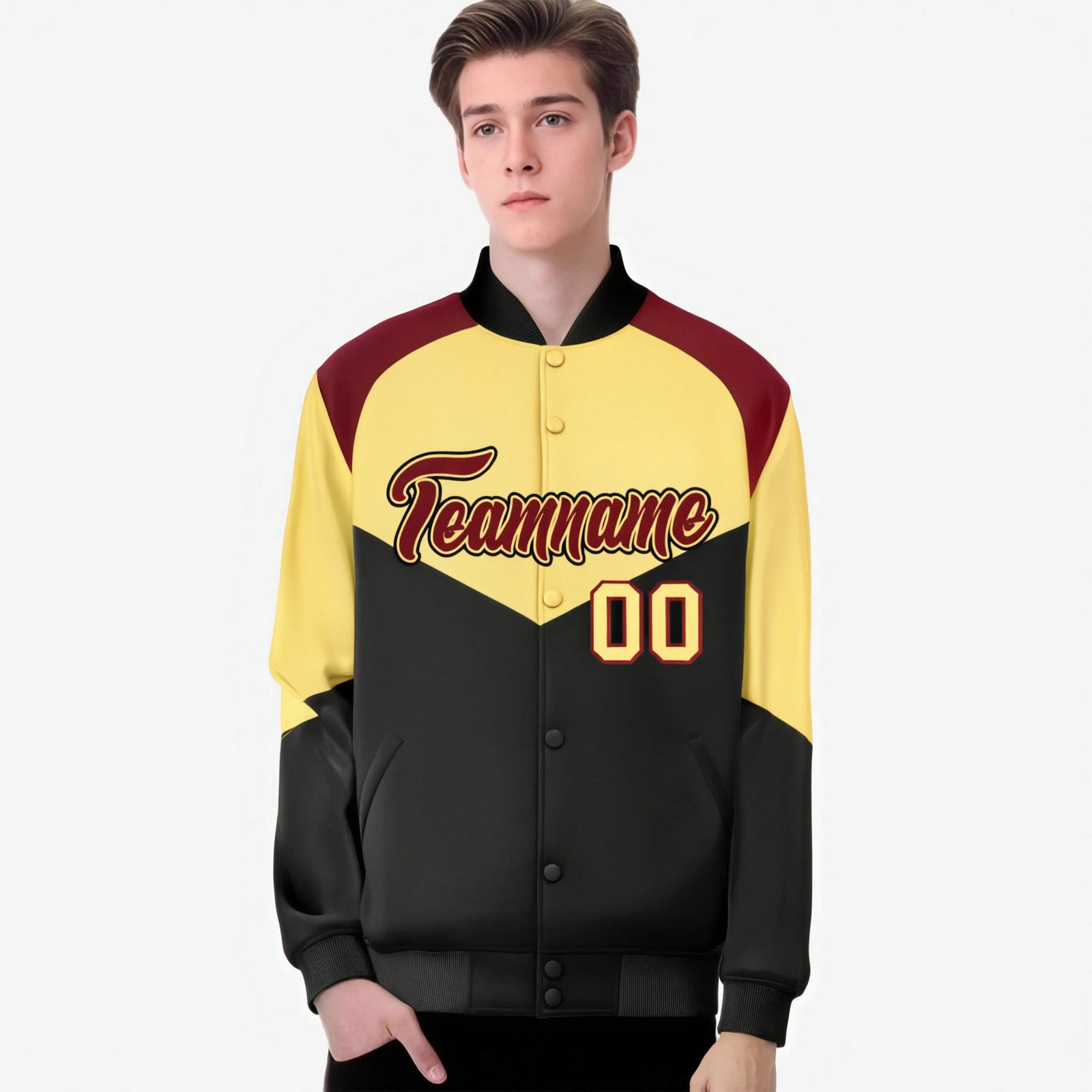 Custom Khaki Black-Crimson Green Varsity Full-Snap Color Block Letterman Jacket