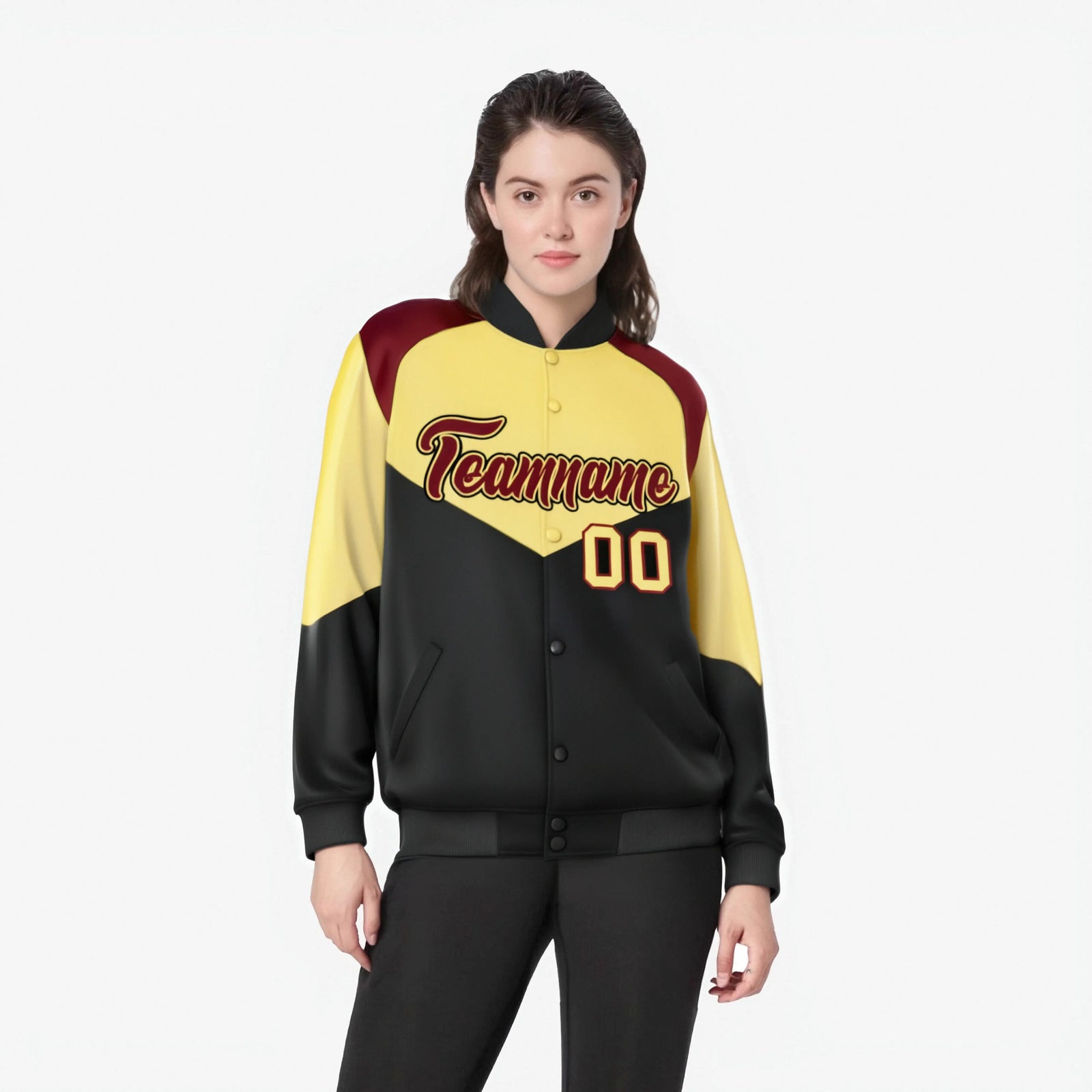 Custom Khaki Black-Crimson Green Varsity Full-Snap Color Block Letterman Jacket