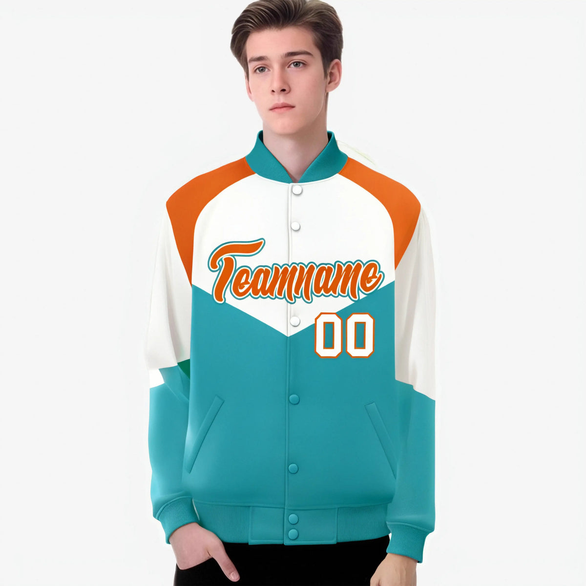 Custom White Aqua-Orange Varsity Full-Snap Color Block Letterman Jacket