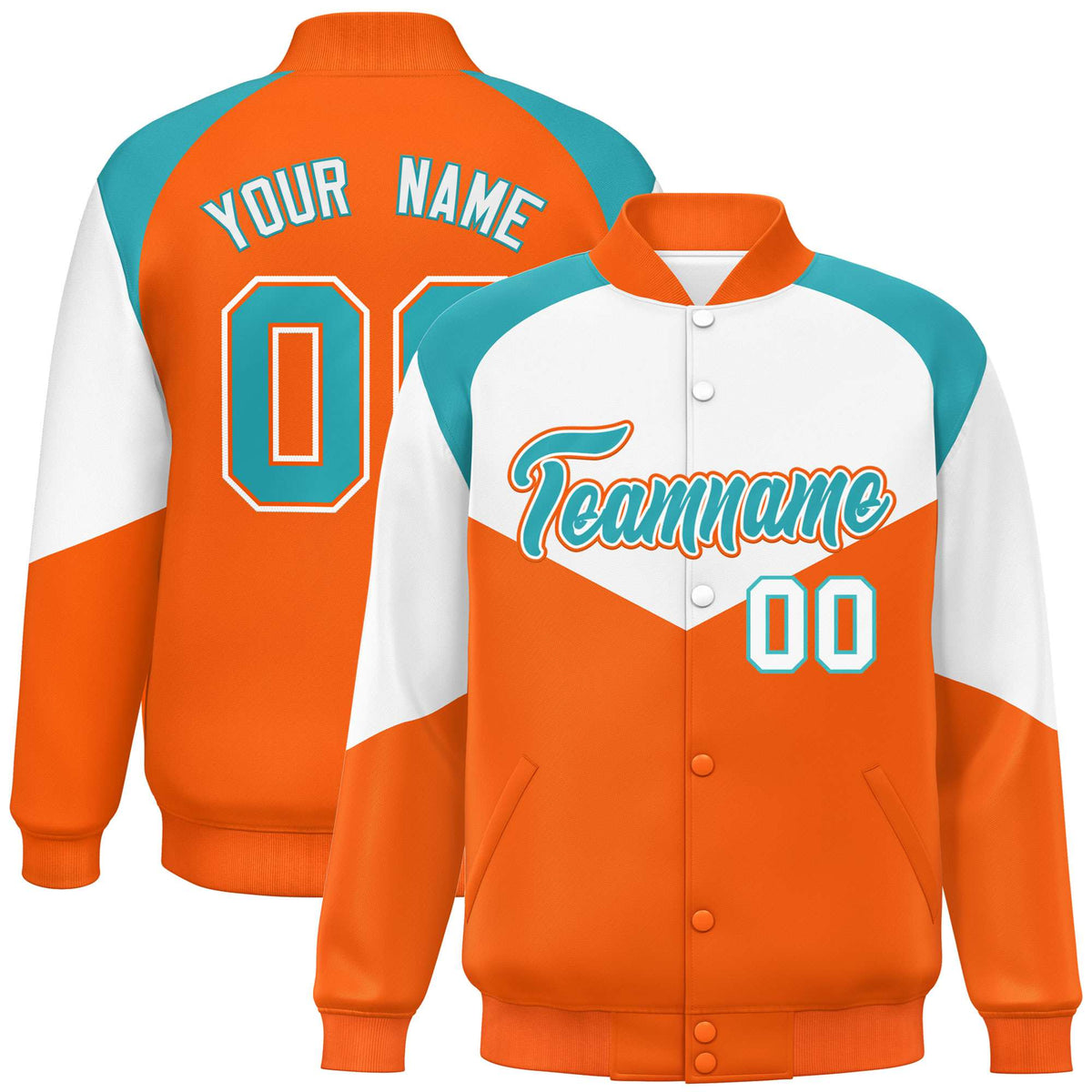 Custom White Orange-Aqua Varsity Full-Snap Color Block Letterman Jacket