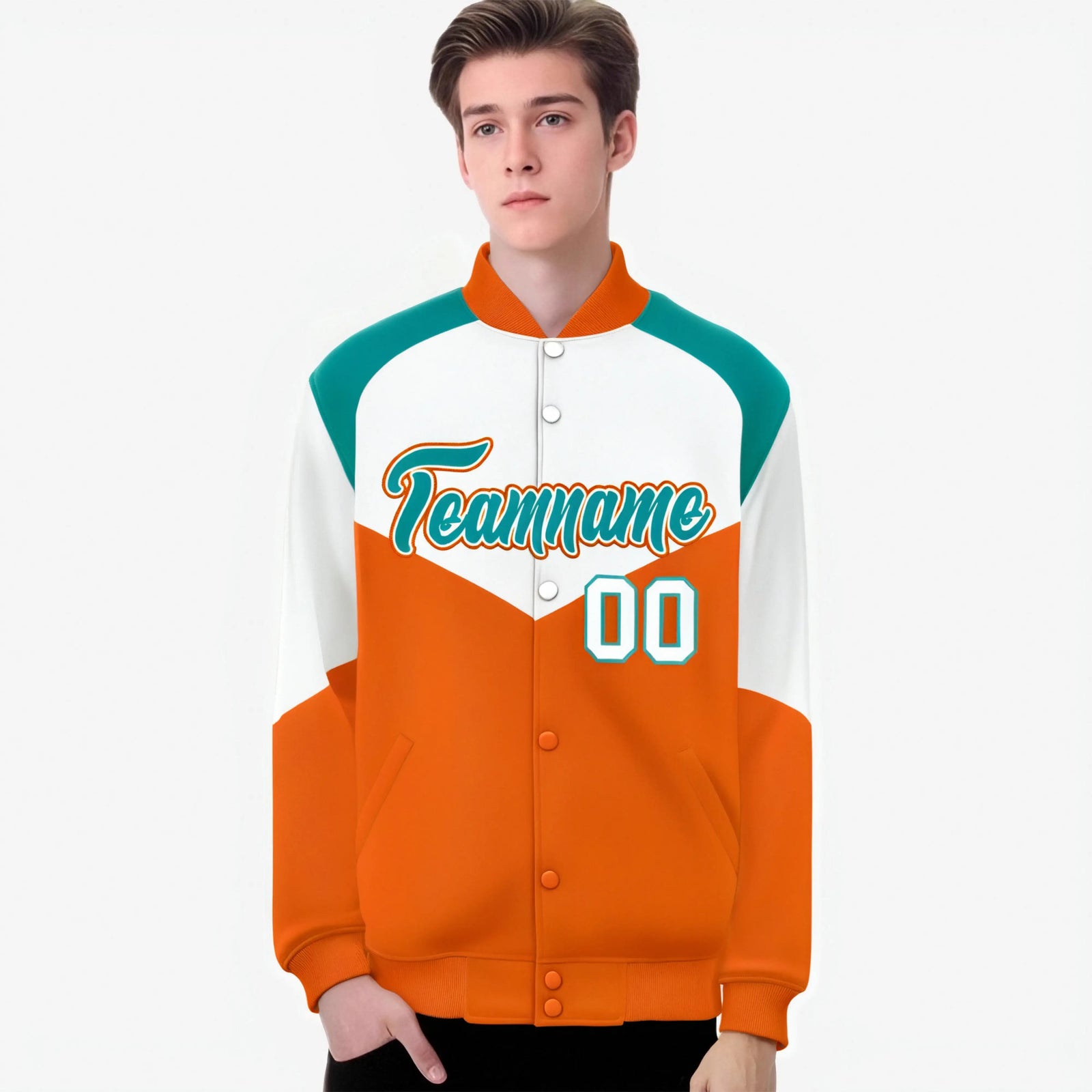 Custom White Orange-Aqua Varsity Full-Snap Color Block Letterman Jacket