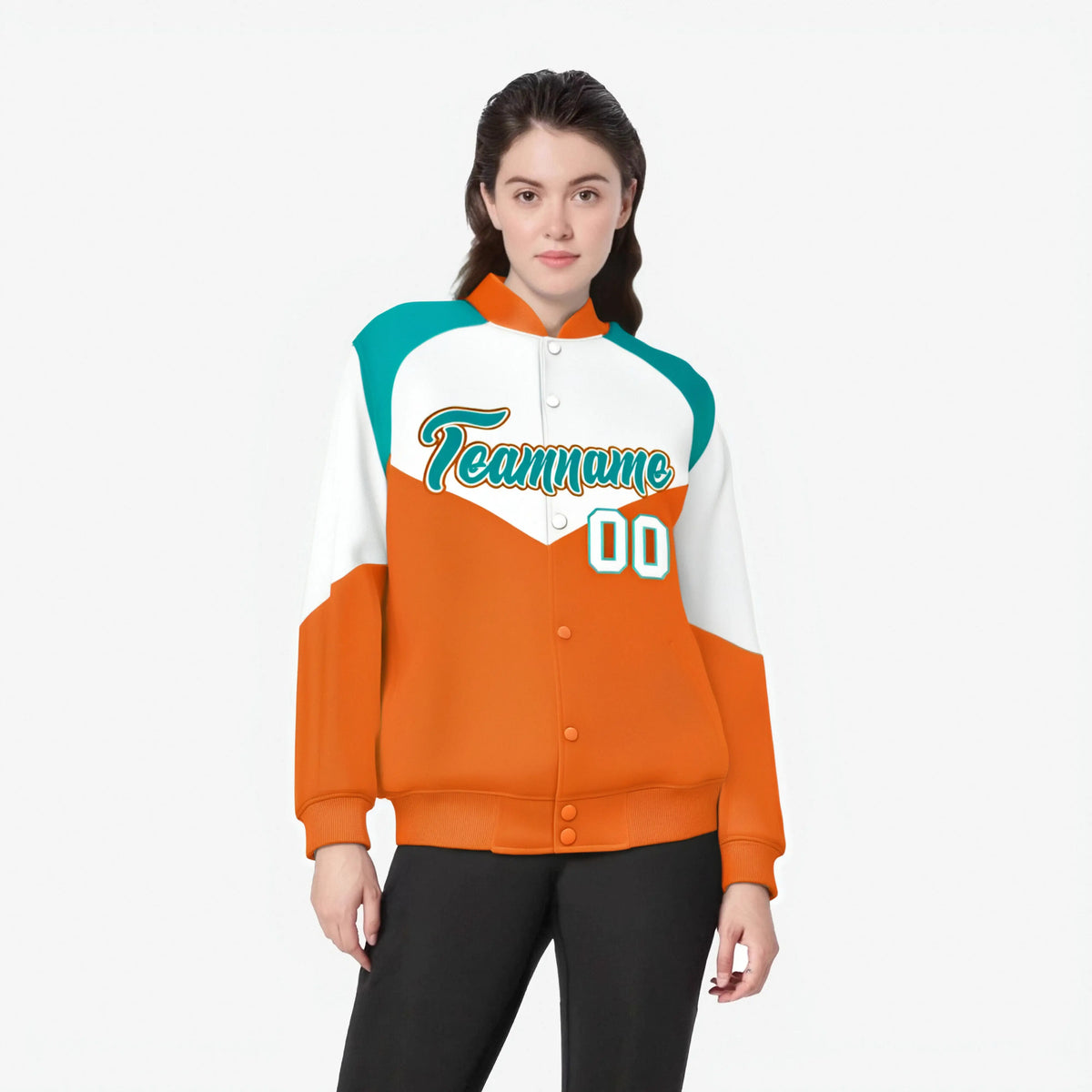 Custom White Orange-Aqua Varsity Full-Snap Color Block Letterman Jacket