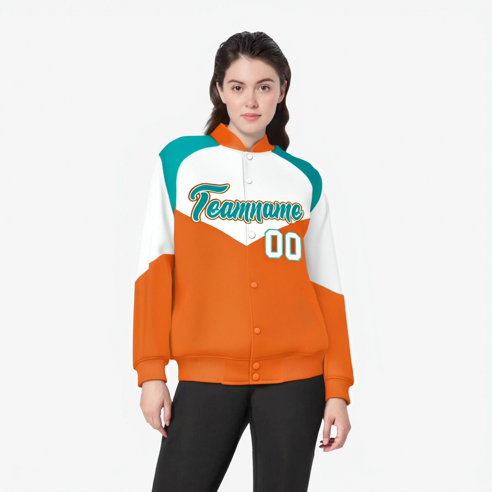 Custom White Orange-Aqua Varsity Full-Snap Color Block Letterman Jacket
