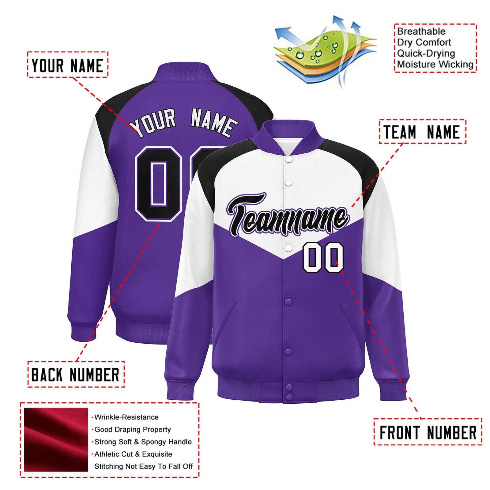 Custom White Purple-Black Varsity Full-Snap Color Block Letterman Jacket