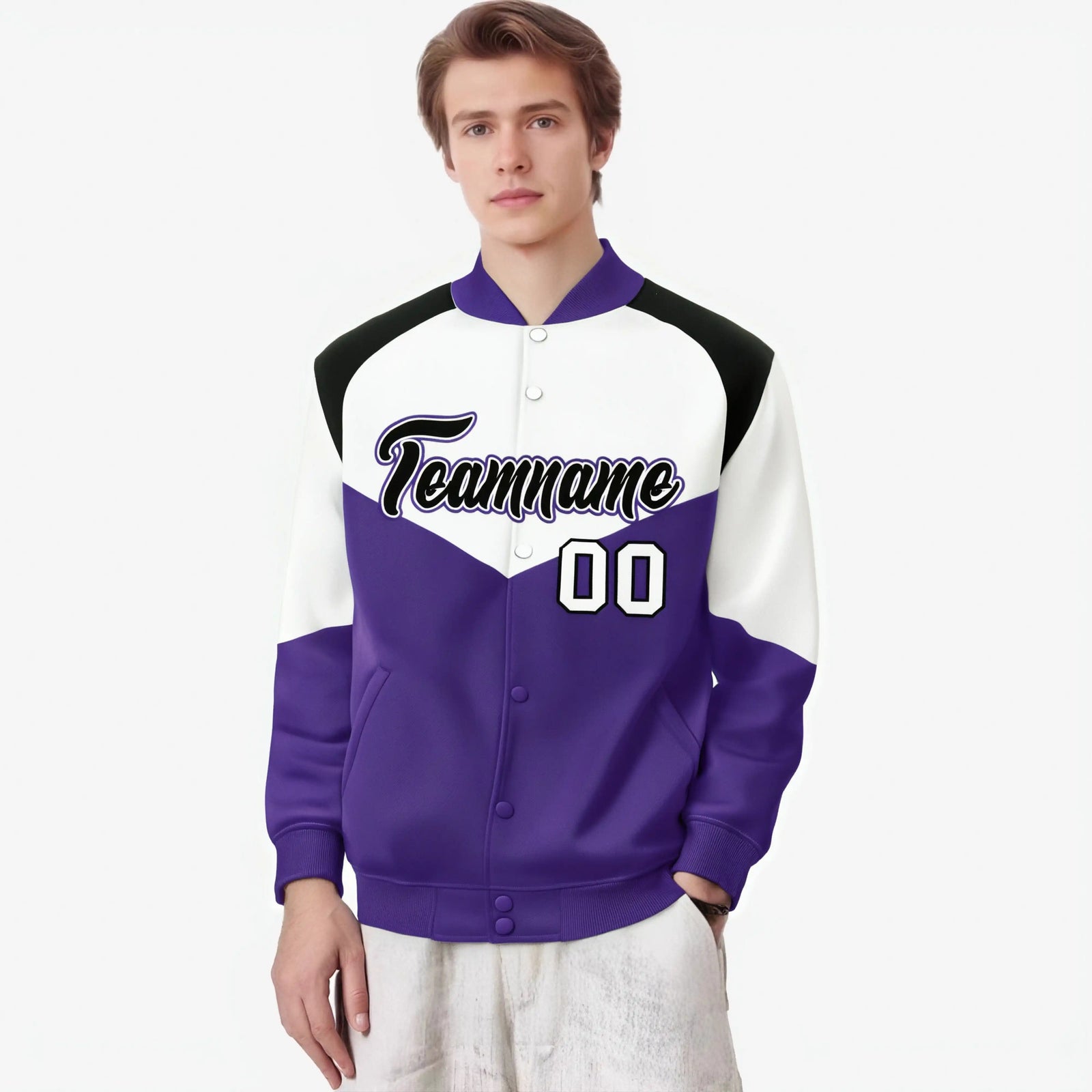 Custom White Purple-Black Varsity Full-Snap Color Block Letterman Jacket