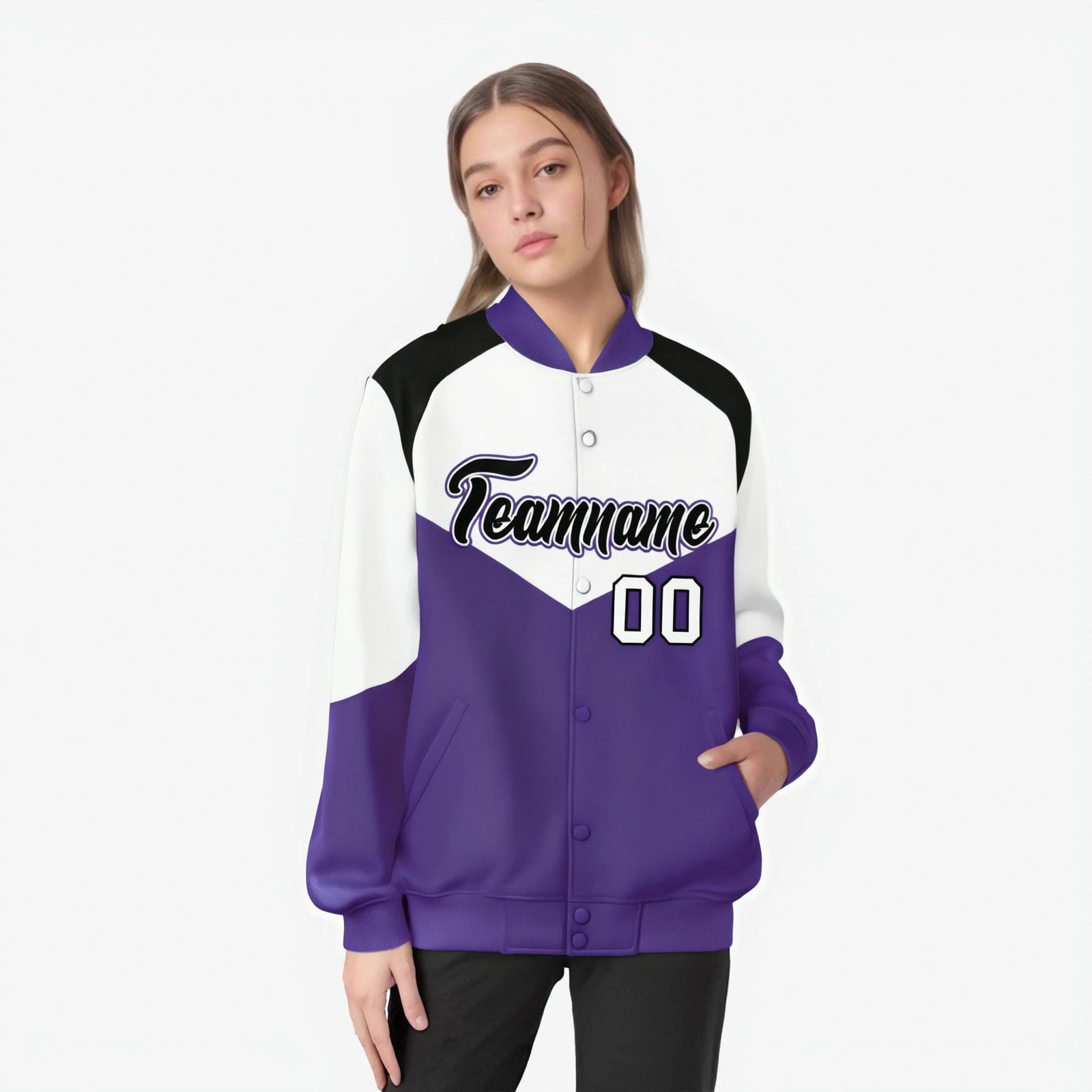 Custom White Purple-Black Varsity Full-Snap Color Block Letterman Jacket