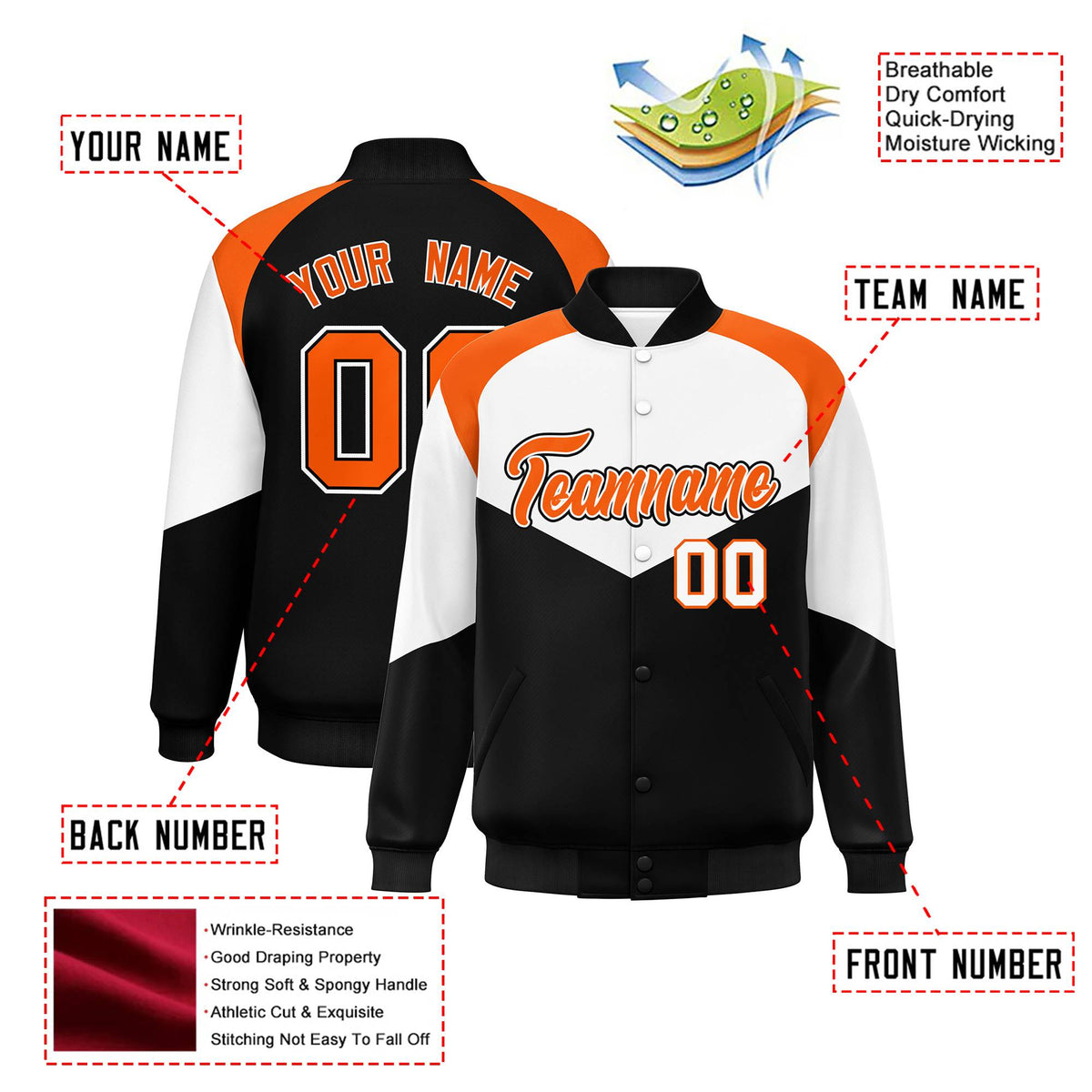Custom White Black-Orange Varsity Full-Snap Color Block Letterman Jacket