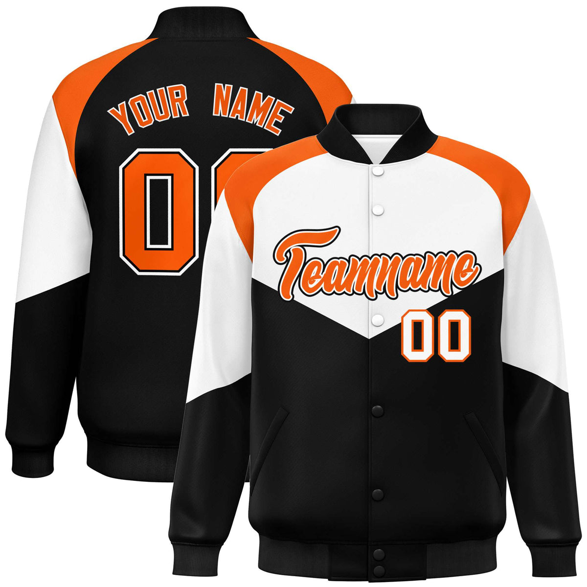 Custom White Black-Orange Varsity Full-Snap Color Block Letterman Jacket