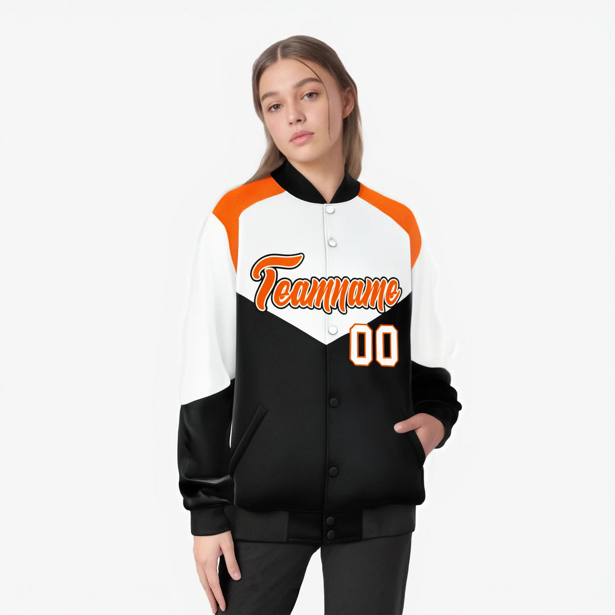 Custom White Black-Orange Varsity Full-Snap Color Block Letterman Jacket