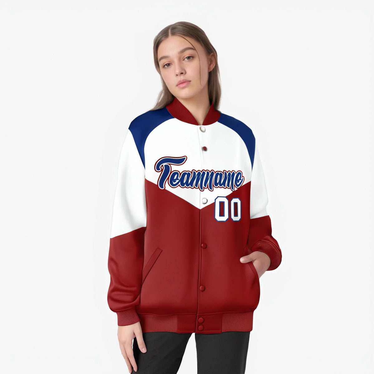 Custom White Red-Royal Blue Varsity Full-Snap Color Block Letterman Jacket