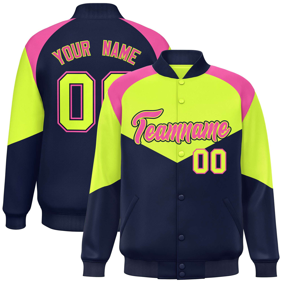 Custom Fluorescent Green Navy-Pink Varsity Full-Snap Color Block Letterman Jacket