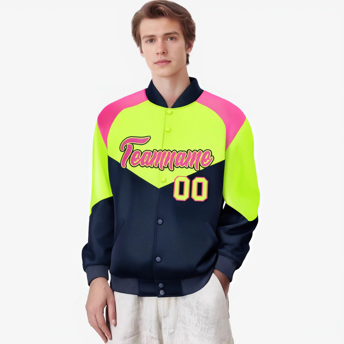 Custom Fluorescent Green Navy-Pink Varsity Full-Snap Color Block Letterman Jacket