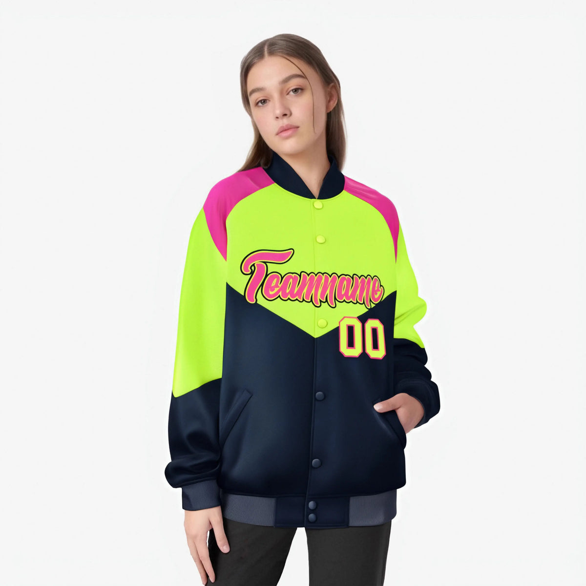 Custom Fluorescent Green Navy-Pink Varsity Full-Snap Color Block Letterman Jacket