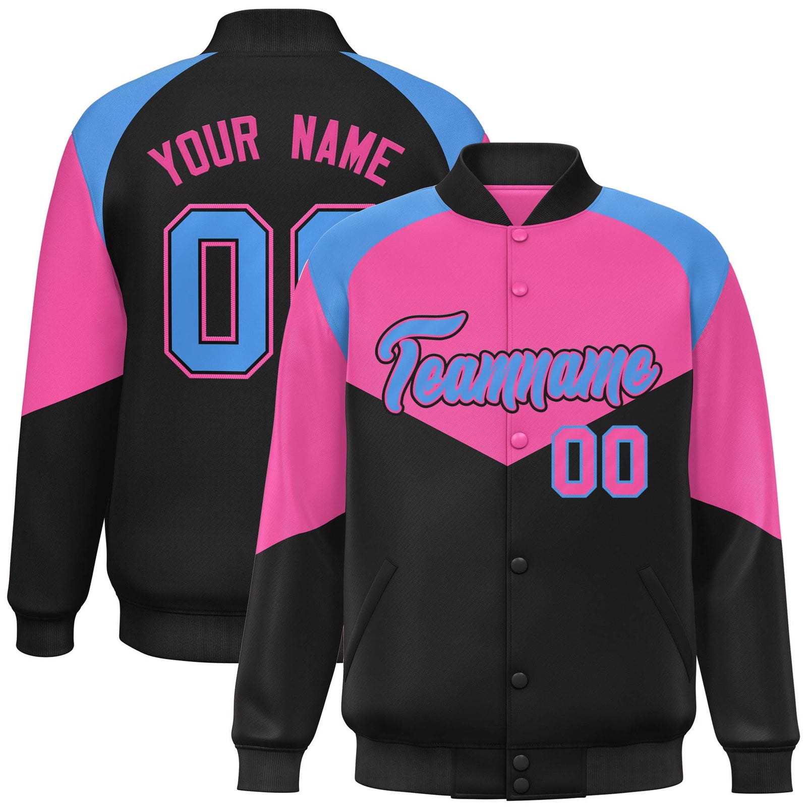 Custom Pink Black-Powder Blue Varsity Full-Snap Color Block Letterman Jacket