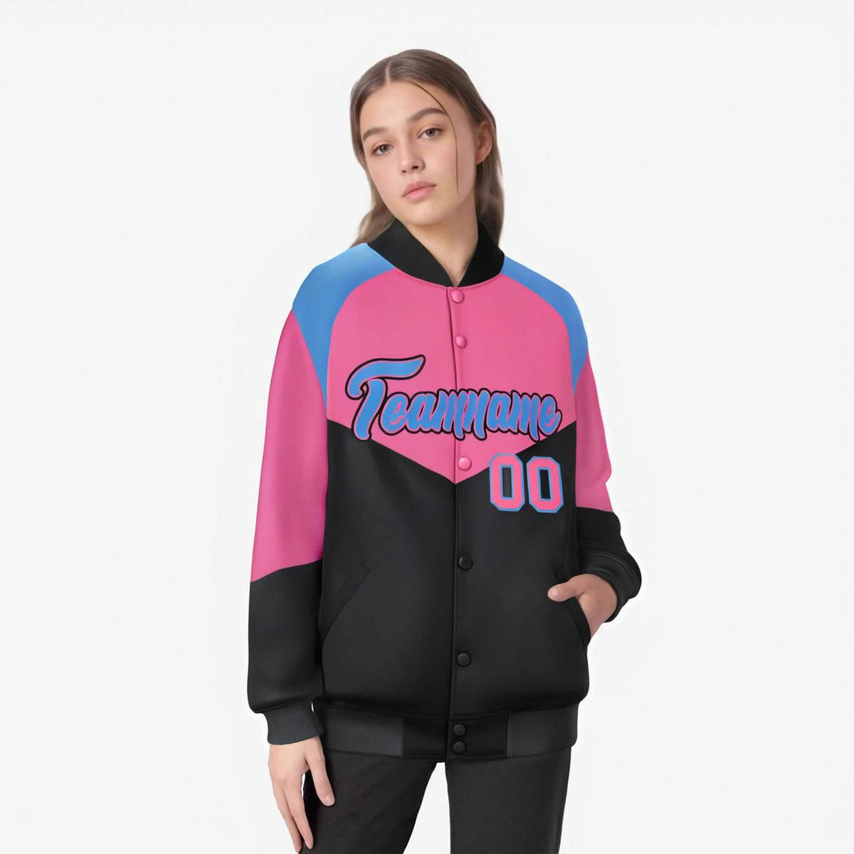 Custom Pink Black-Powder Blue Varsity Full-Snap Color Block Letterman Jacket