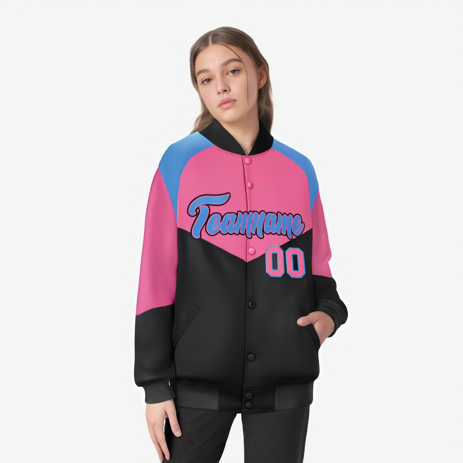 Custom Pink Black-Powder Blue Varsity Full-Snap Color Block Letterman Jacket