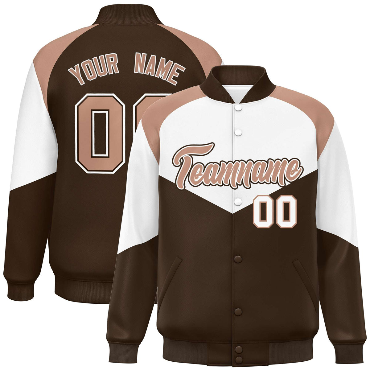 Custom White Brown-Light Brown Varsity Full-Snap Color Block Letterman Jacket