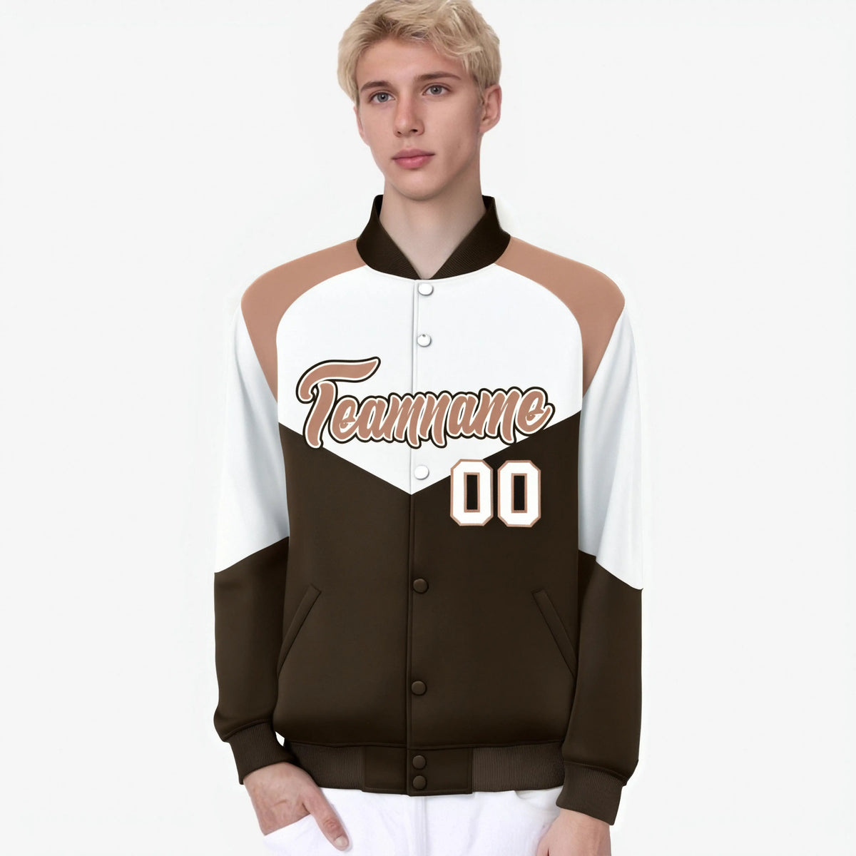 Custom White Brown-Light Brown Varsity Full-Snap Color Block Letterman Jacket