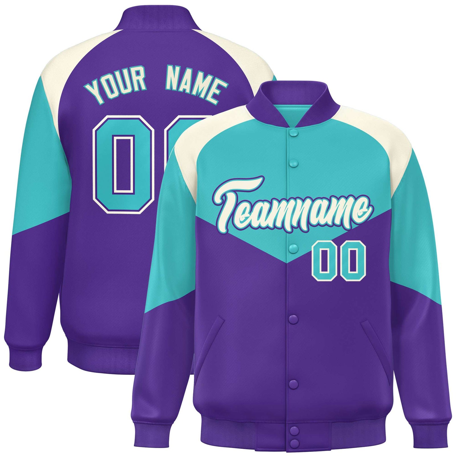 Custom Aqua Purple-Cream Varsity Full-Snap Color Block Letterman Jacket
