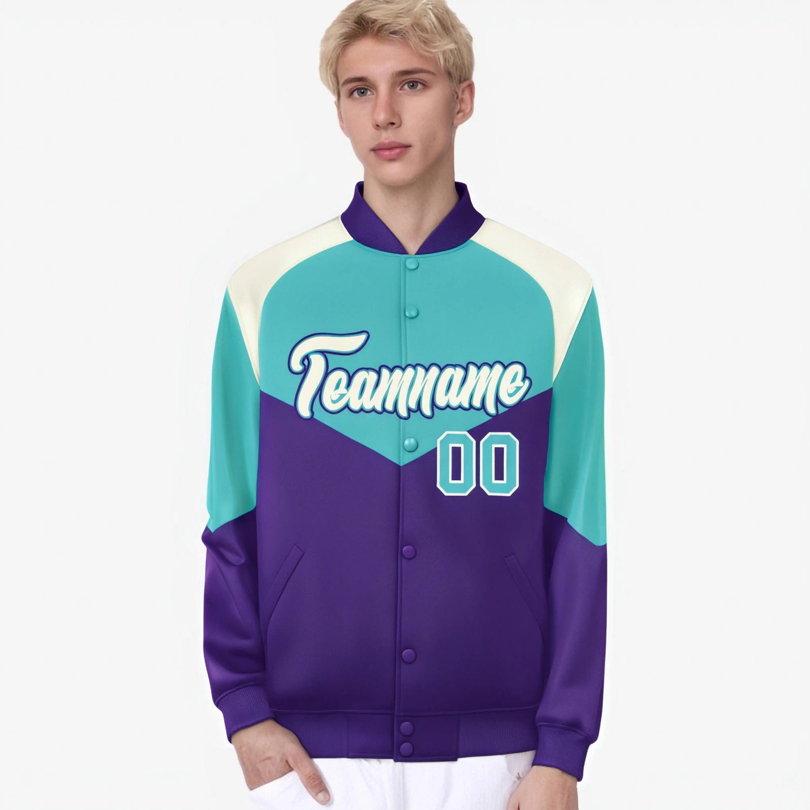 Custom Aqua Purple-Cream Varsity Full-Snap Color Block Letterman Jacket