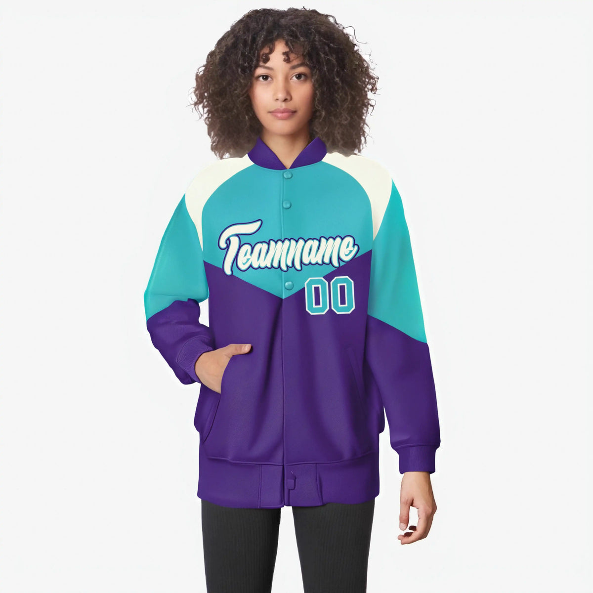 Custom Aqua Purple-Cream Varsity Full-Snap Color Block Letterman Jacket