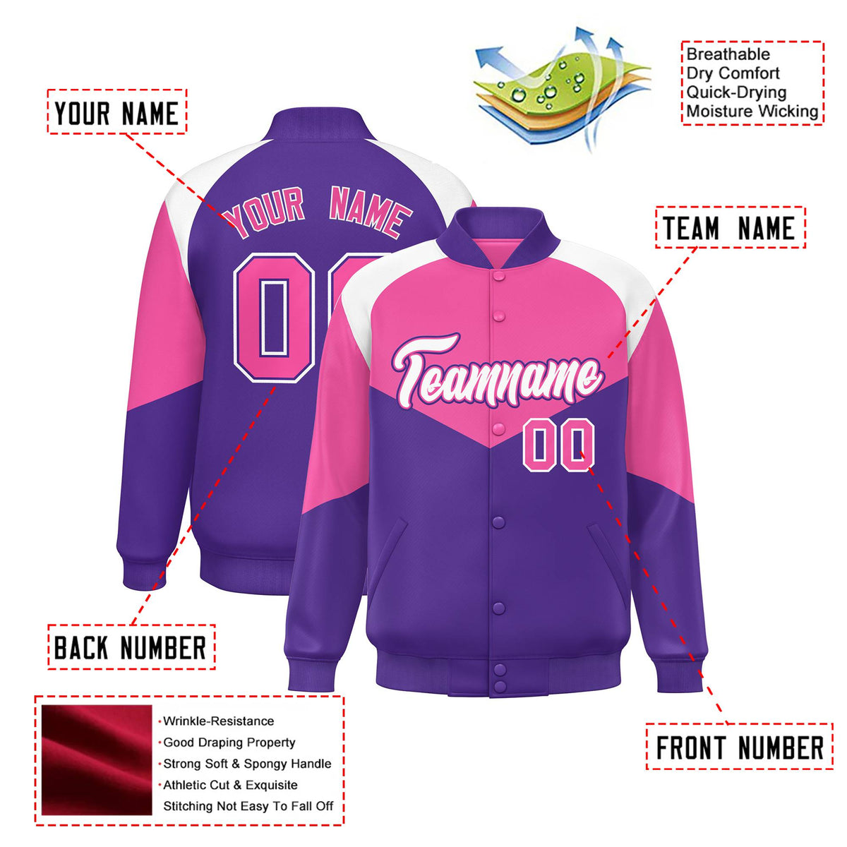Custom Pink Purple-White Varsity Full-Snap Color Block Letterman Jacket