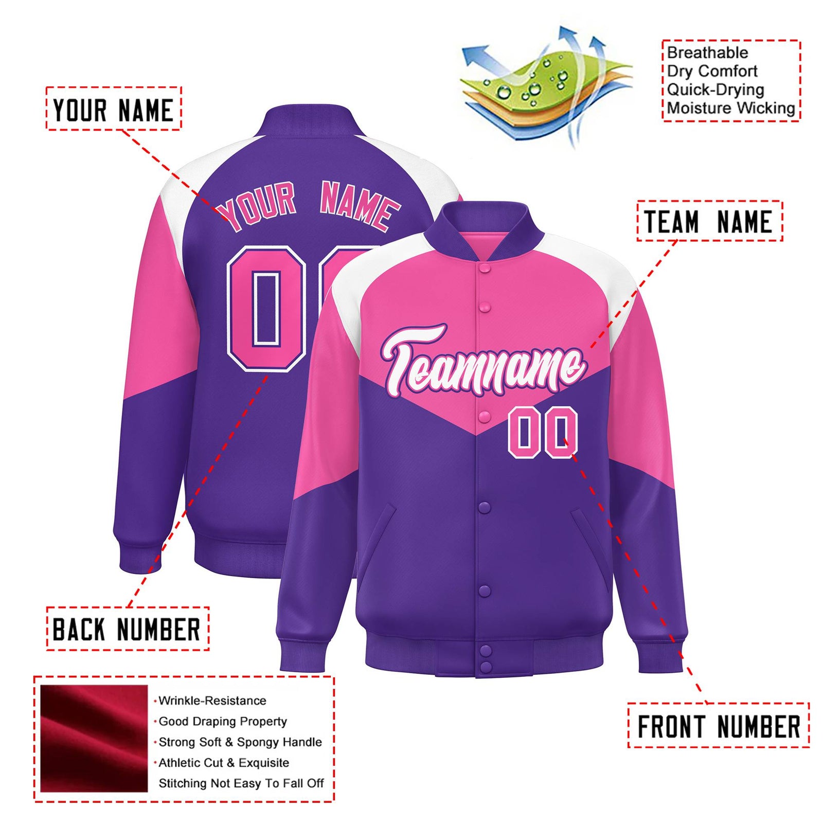 Custom Pink Purple-White Varsity Full-Snap Color Block Letterman Jacket