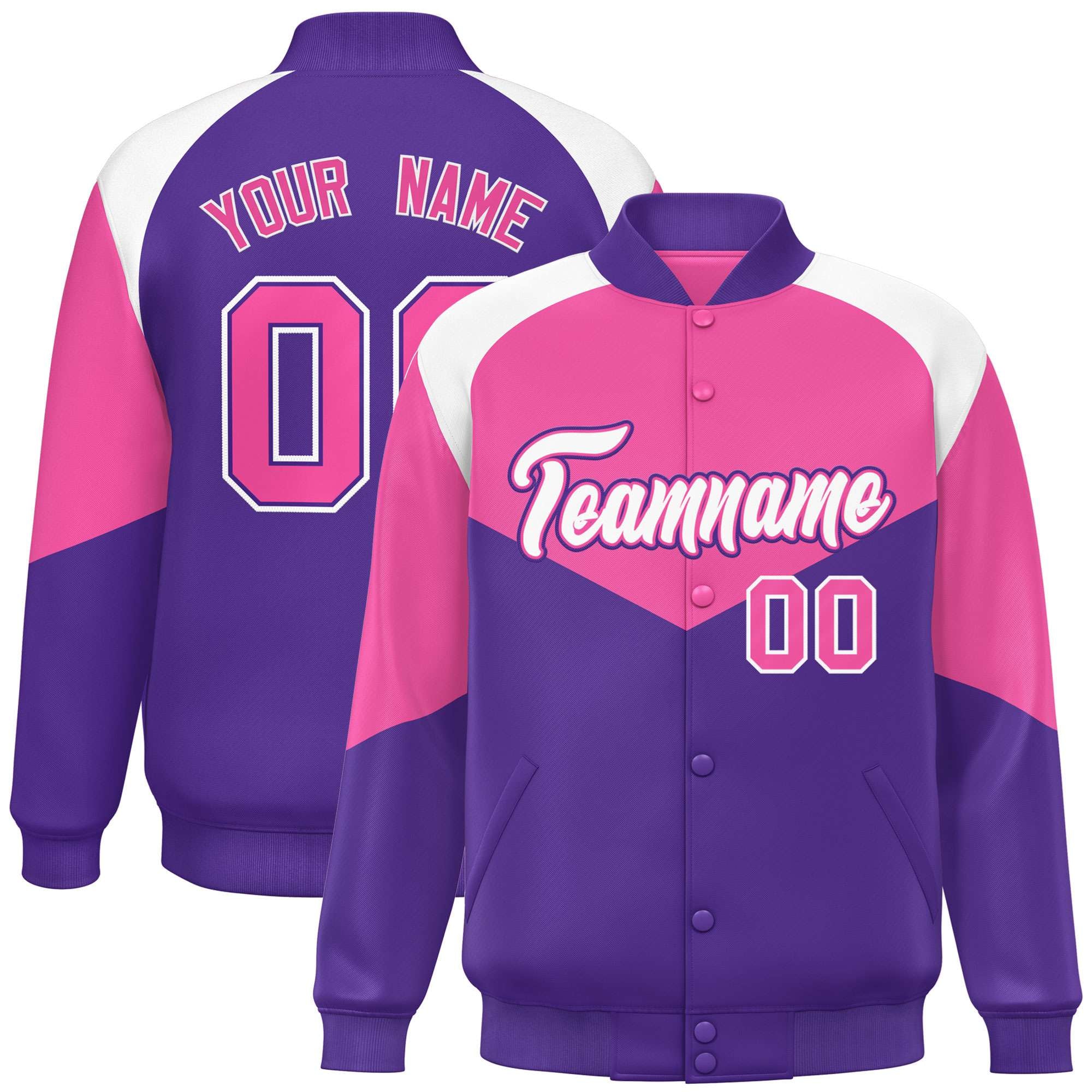 Custom Pink Purple-White Varsity Full-Snap Color Block Letterman Jacket