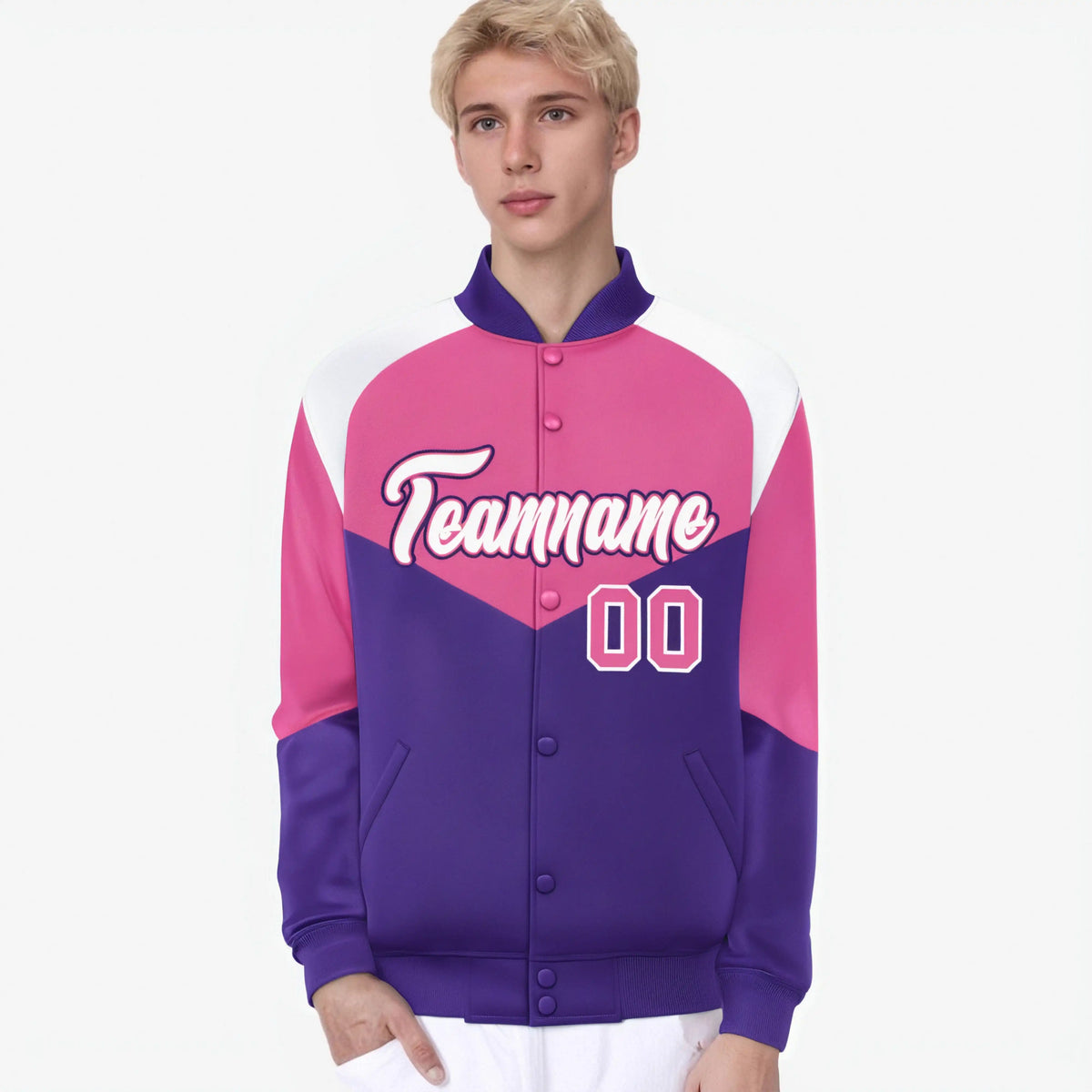 Custom Pink Purple-White Varsity Full-Snap Color Block Letterman Jacket