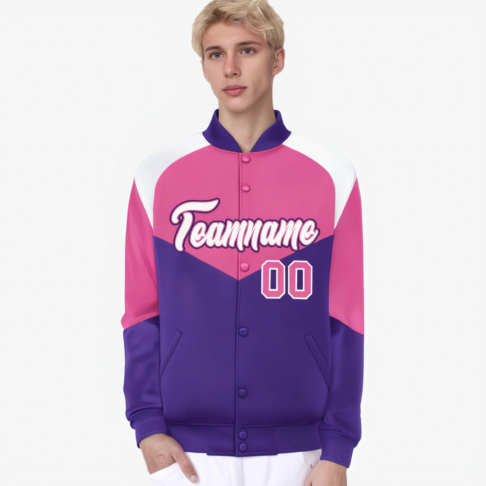 Custom Pink Purple-White Varsity Full-Snap Color Block Letterman Jacket