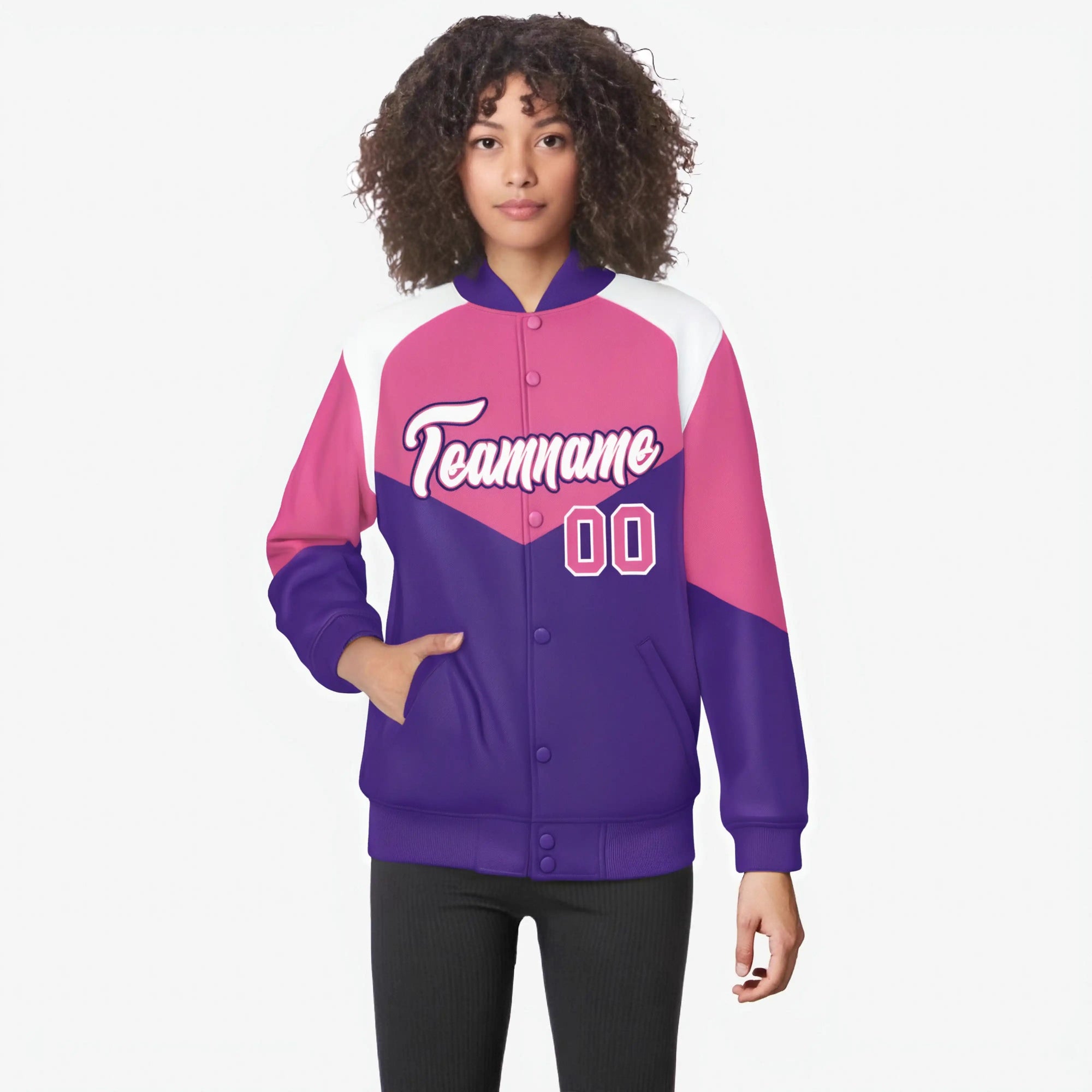 Custom Pink Purple-White Varsity Full-Snap Color Block Letterman Jacket