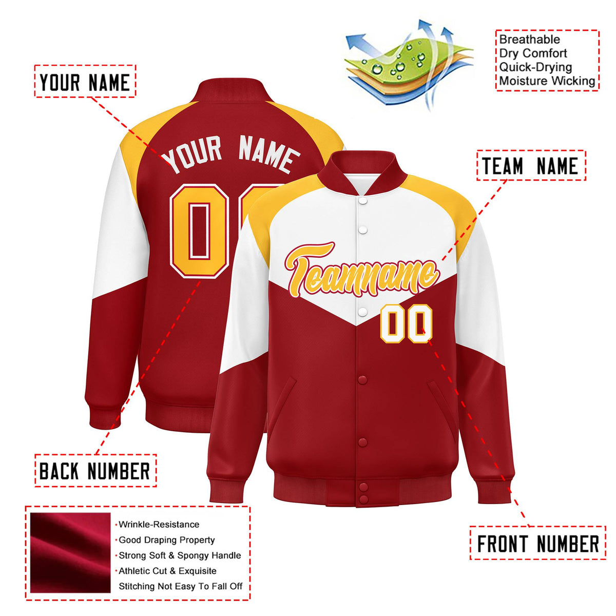 Custom White Red-Gold Varsity Full-Snap Color Block Letterman Jacket