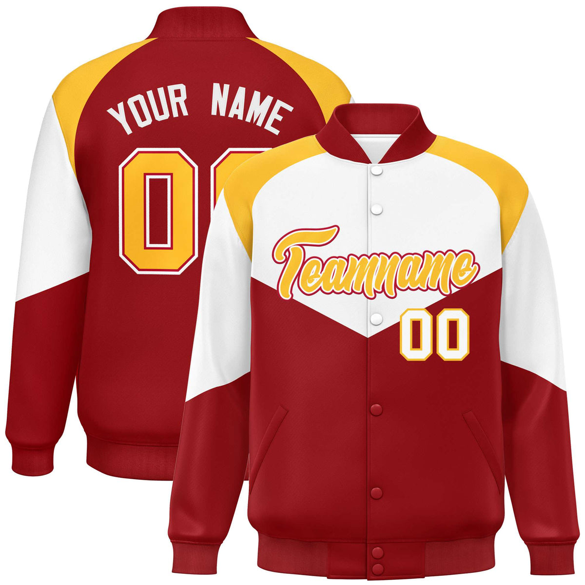 Custom White Red-Gold Varsity Full-Snap Color Block Letterman Jacket