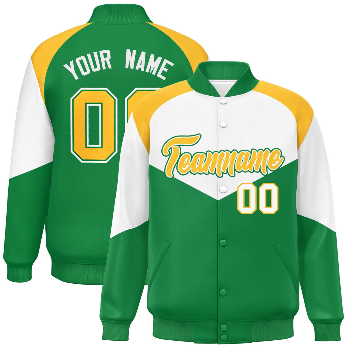 Custom White Kelly Green-Gold Varsity Full-Snap Color Block Letterman Jacket
