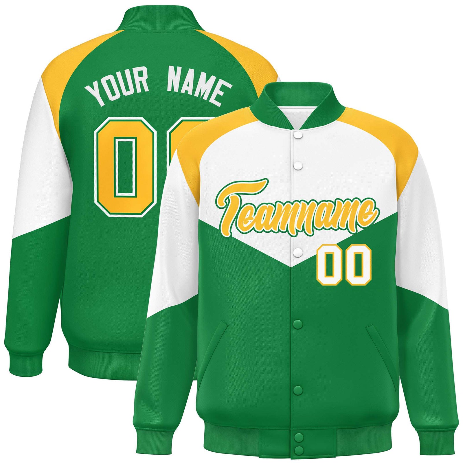 Custom White Kelly Green-Gold Varsity Full-Snap Color Block Letterman Jacket