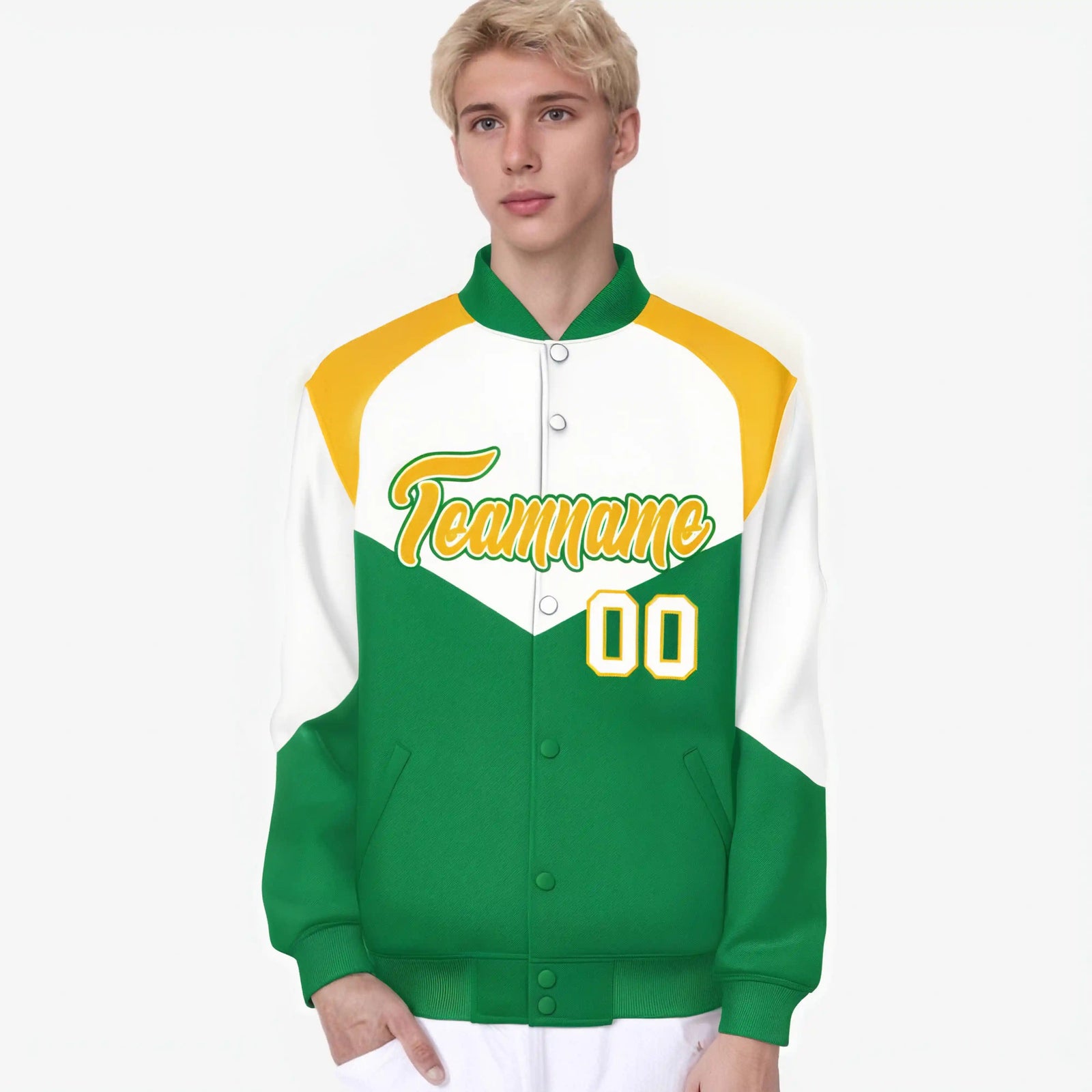 Custom White Kelly Green-Gold Varsity Full-Snap Color Block Letterman Jacket