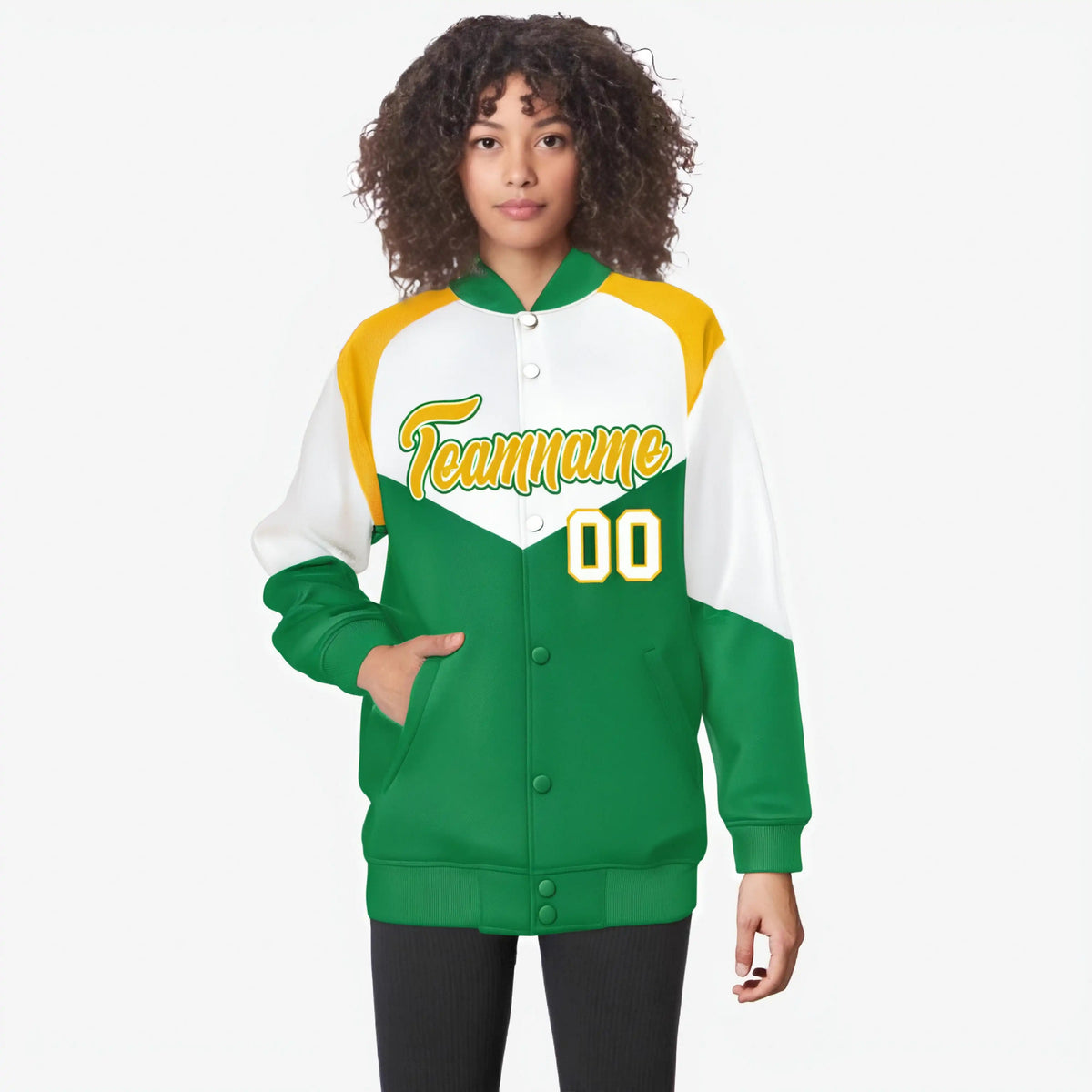 Custom White Kelly Green-Gold Varsity Full-Snap Color Block Letterman Jacket